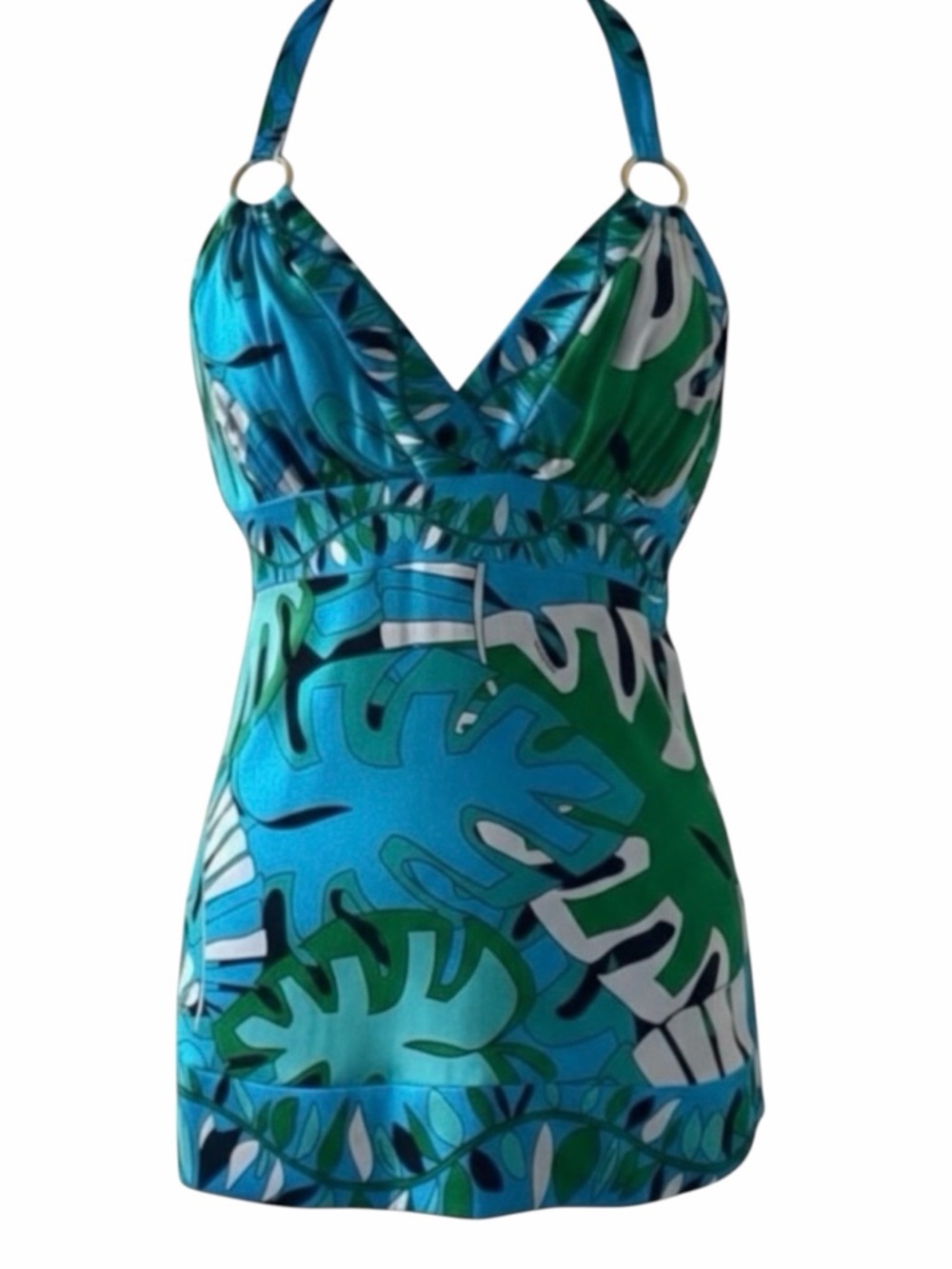 NEW Bebe Green and Blue Tropical Palm Leaf Print Satin Halter Top Size Medium